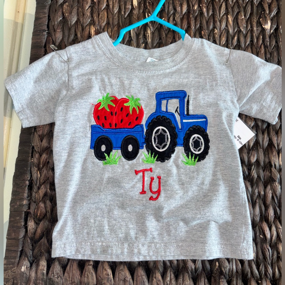 Embroidered Blue Tractor & Strawberries Gray Kids Tee “Ty”